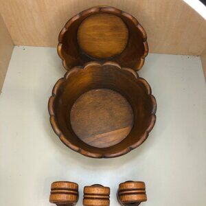 2 Wooden Sculpted Bowls with 6 wooden Napkin rings